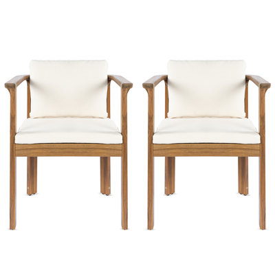 Outdoor Dining Chair Set Of 2 With Curved Acacia Wood Arms, Teak Finish And Cream Cushions