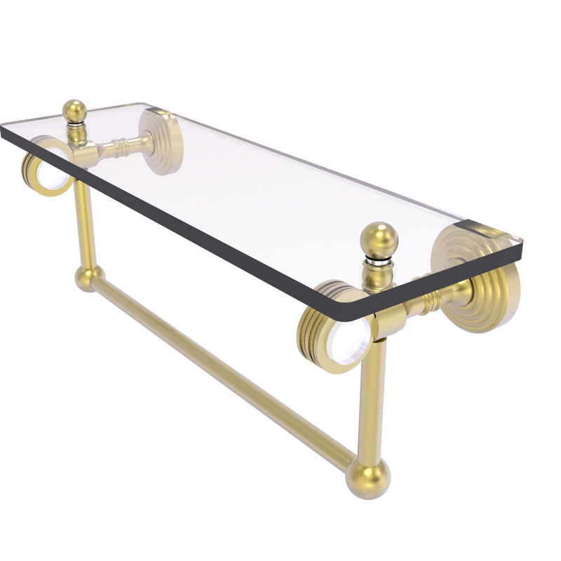 Jarrell Glass Bracket Shelf with Towel Bar, 5.12" H x 16" W x 6.4" D, Satin Brass