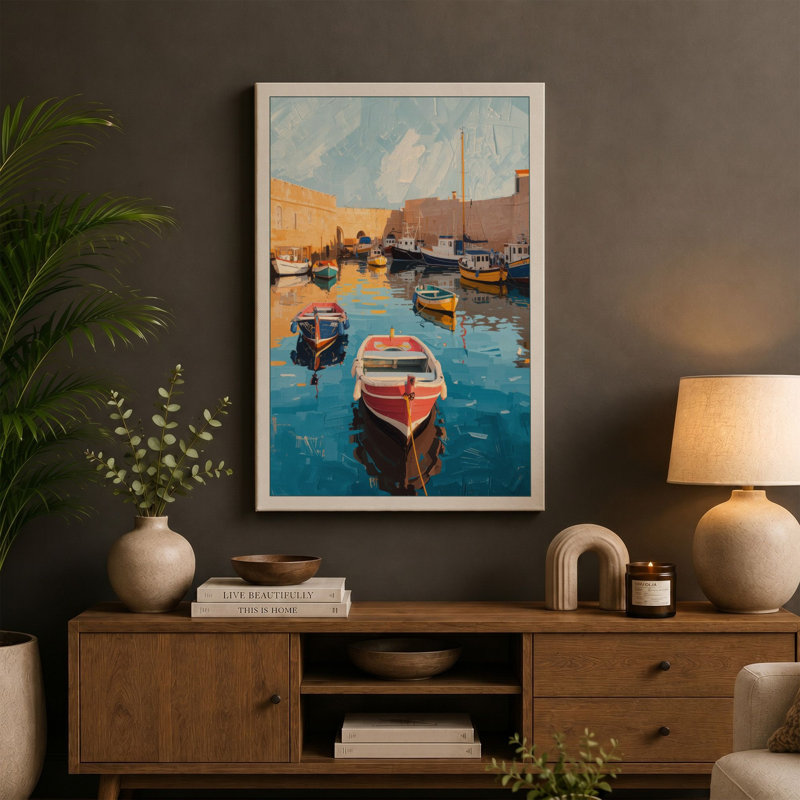 Harbor at Rest Coastal - Wrapped Canvas, 24x16 - 61.0 x 40.6 cm, Teal Border
