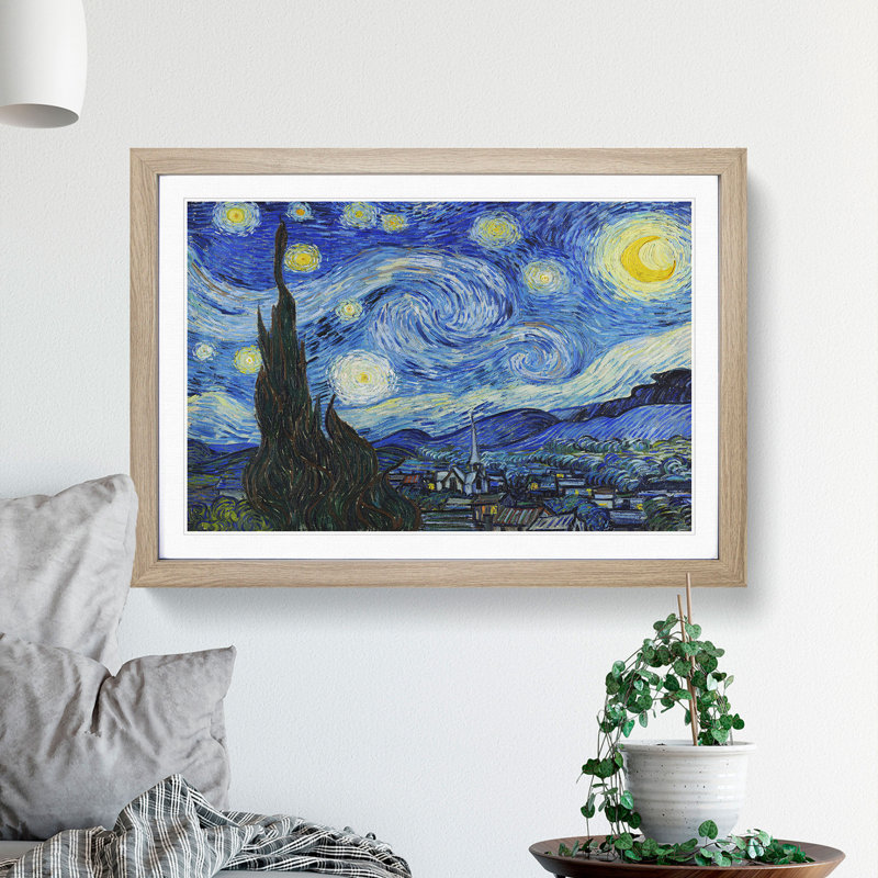 The Starry Night by Vincent Van Gogh - Picture Frame Painting on MDF, Oak Framed, 36cm H x 48cm W x 2cm D
