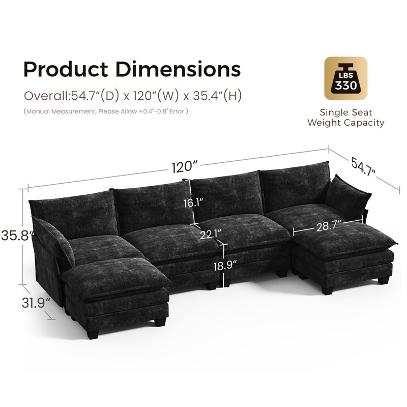 Canapé modulaire modulaire, canapé 6 places en forme de U avec repose-pieds, canapé modulaire en chenille moderne pour le salon, noir