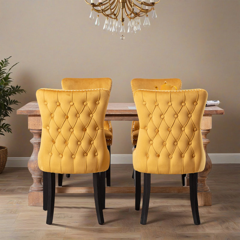 Upholstered Tufted Wing-Back Dining Chair with Backstitching Nailhead Trim and Solid Wood Legs, Set of 4, Gold, Black
