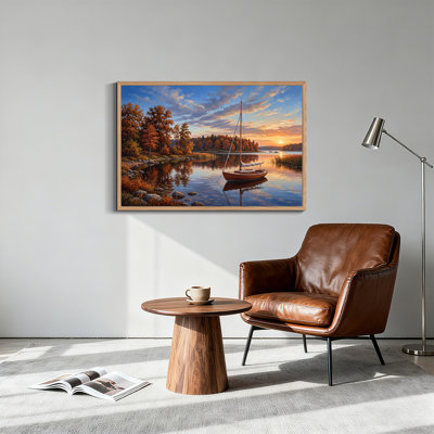 Voilier sur un lac avec des arbres d'automne orange au coucher du soleil, art mural