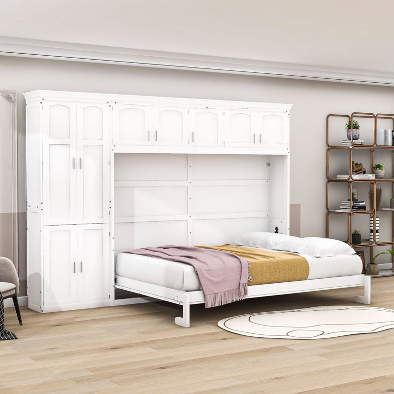 Grand lit escamotable avec armoires et tablettes, Blanc