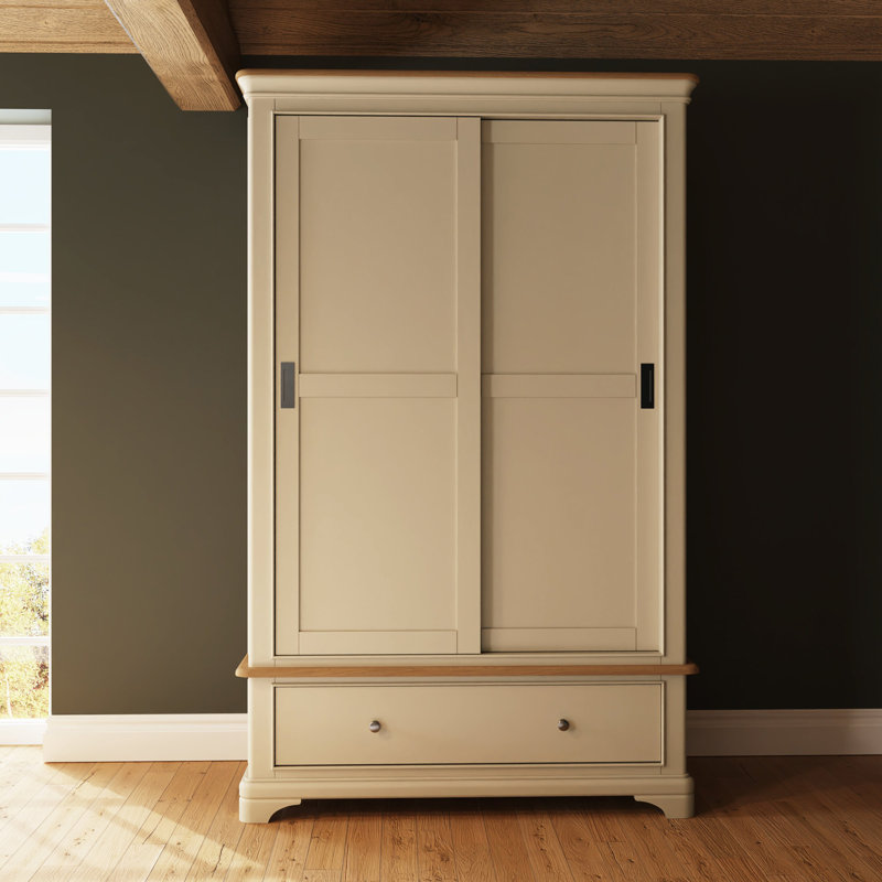 Joulon 2 Door Combination Sliding Wardrobe. Solid Wood. Oak Top. 1 Drawer OR 2 Drawer., Putty/Oak, 195 H x 121 W x 58 D cm