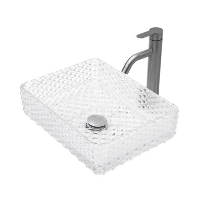 White Above Counter Bathroom Vessel Sink, Rectangle Tempered Glass, Diamond Texture Design, Pop - Up Drain, Easy Maintenance, 17.5X13x4.42 Inches Glass Shape, Texture, Drain For Sealing, Installation