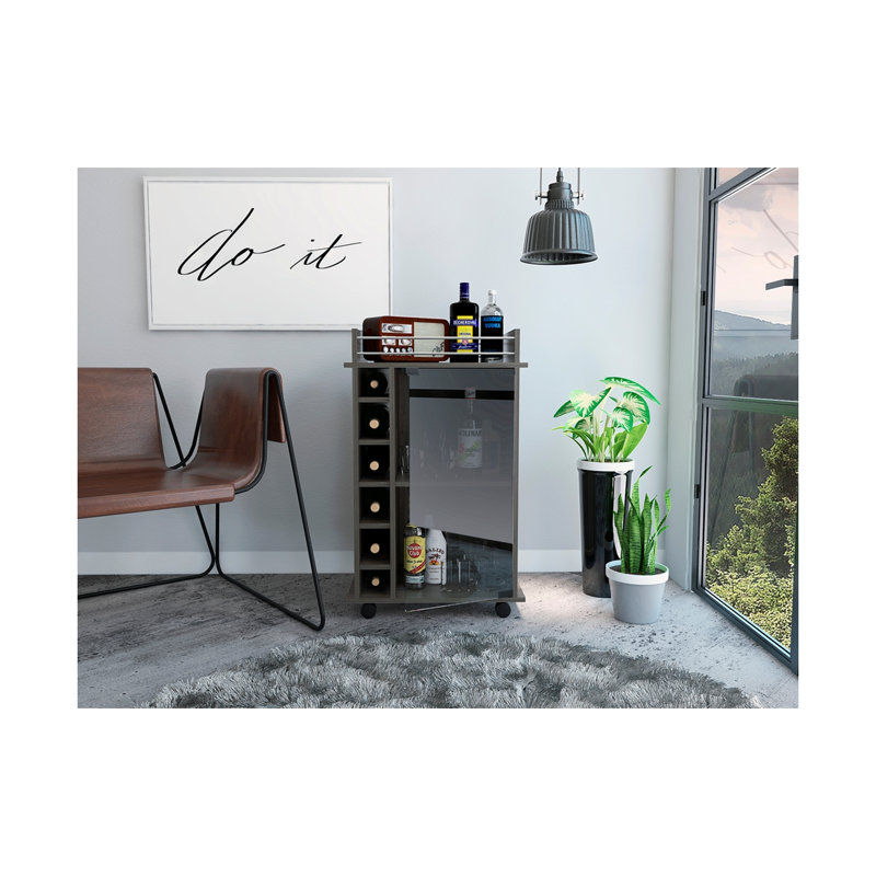 Chariot-bar avec porte vitrée et porte-bouteilles, Brun
