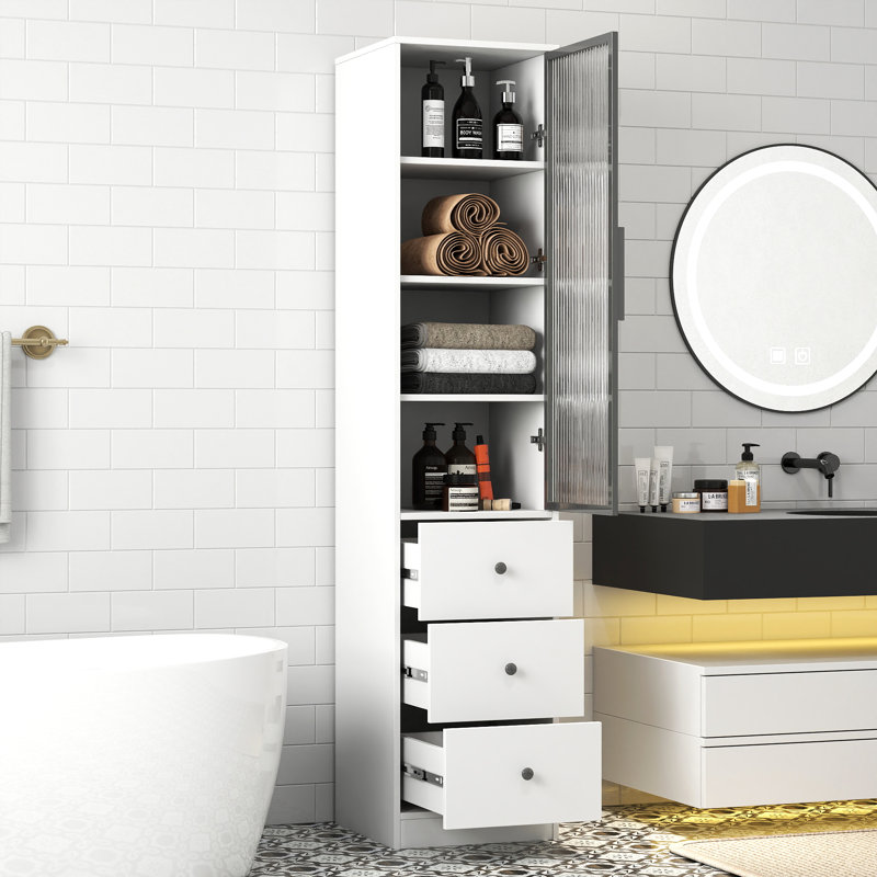 Armoire de rangement de 70,87 po de hauteur avec porte en verre et 3 tiroirs - Unité étroite pour la salle de bain, le salon et la cuisine | Idée cadeau