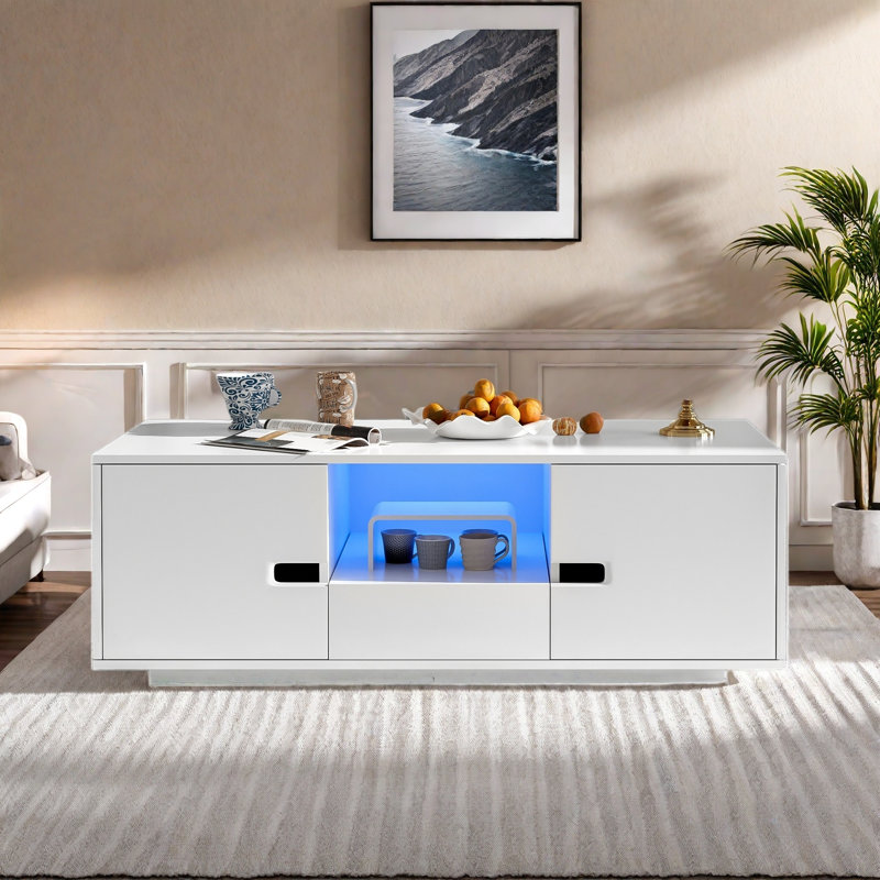 Modern High Glossy Rectangle Coffee Table With 2 Cabinets, One Drawer, 16 Colour Led Lights And A Open Shelf, White