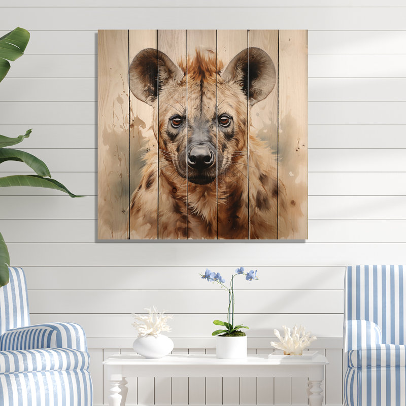 Portrait d'une hyène brune africaine - animaux sur bois, H 25 po x l 25 po