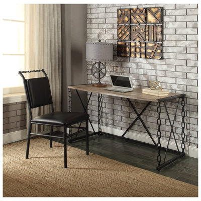 Jodie Rustic Oak Writing Desk with Antique Black Industrial Metal Base - Sturdy Home Office Study Desk