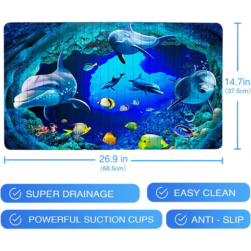 15x27" Navy Blue Ocean Bath Mat Dolphin&fish