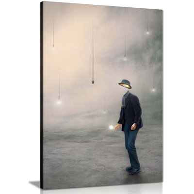 Illuminated Light Bulbs Standing Faceless Man - Wrapped Canvas Painting