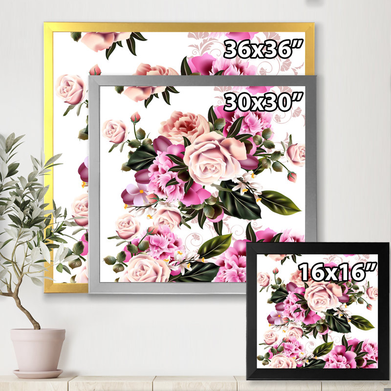 Fleurs de pivoines rétro - reproduction sur toile, H 30 po x l 30 po x 1,5 po, Toile avec cadre argenté