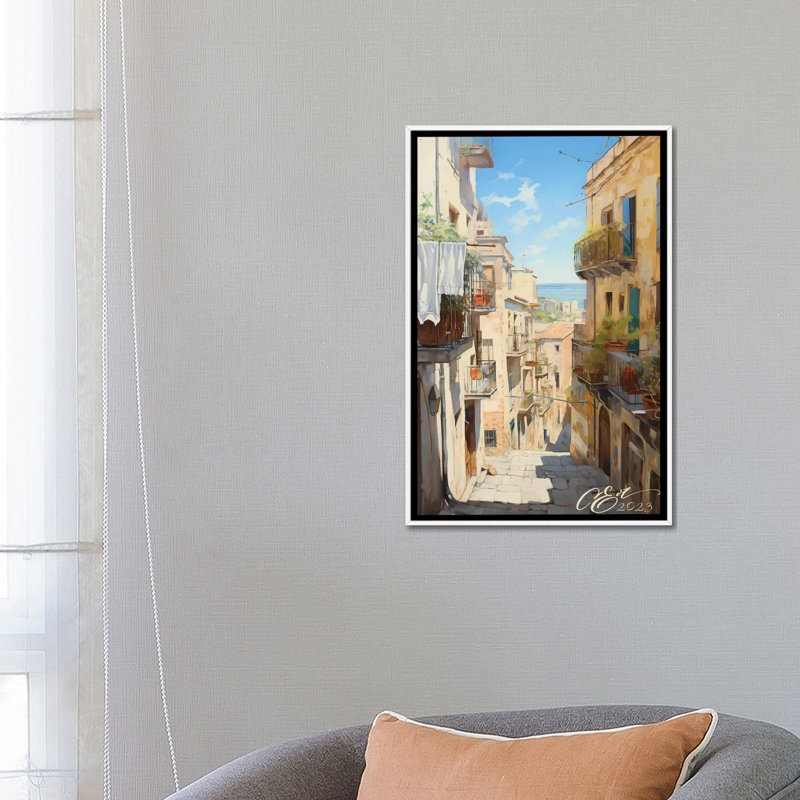 «Sicilian Sunlit Street», reproduction d'art mural, H 26 po x l 18 po, Reproduction encadrée sans passe-partout, Blanc
