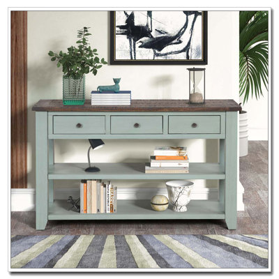 48'' Solid Pine Wood Top Console Table, Modern Entryway Sofa Side Table with 3 Storage Drawers and 2 Shelves. Easy to Assemble