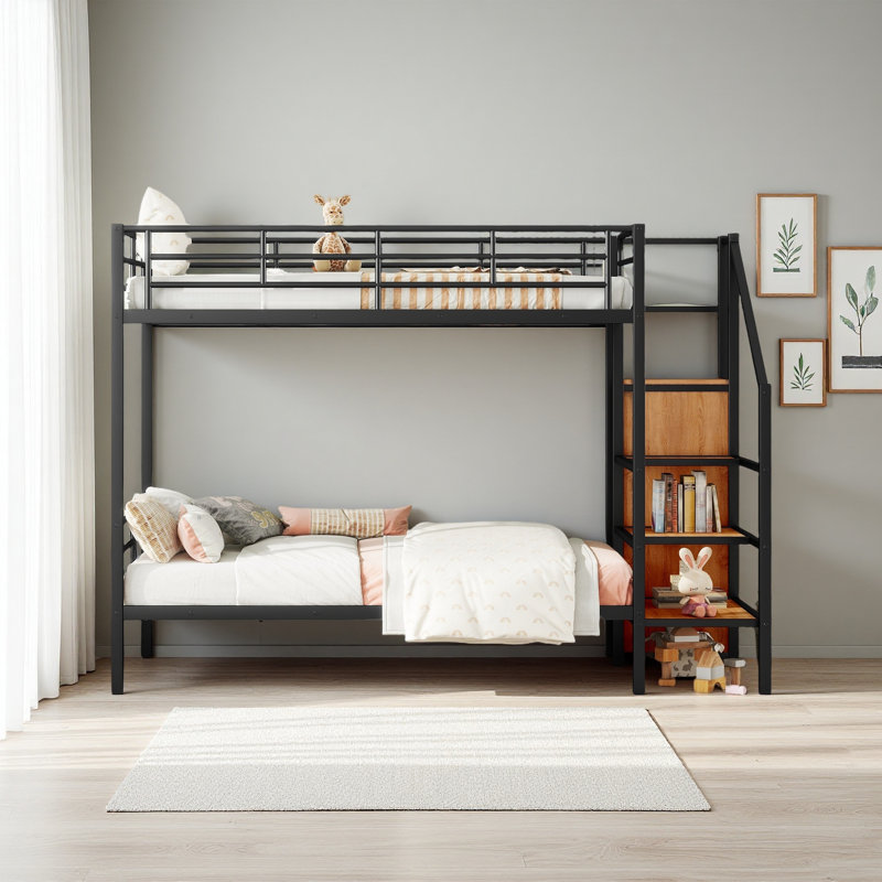 Lit superposé en métal avec échelle de rangement latérale et garde-robe, Lit simple, Noir, noir, noir, noir
