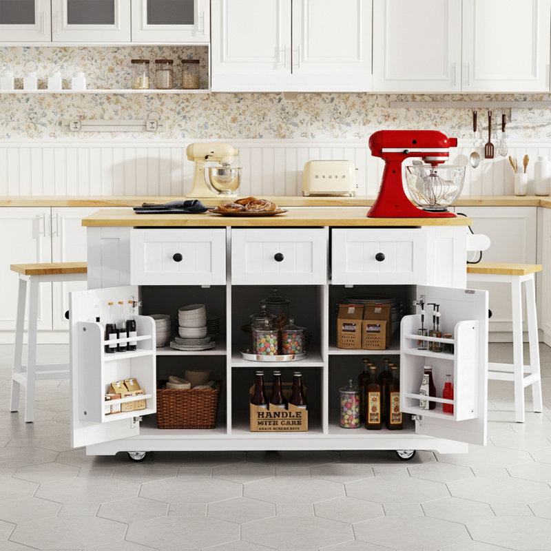 Door Internal Storage Rack Kitchen Island With 2 Bar Stools And Power Outlet, White
