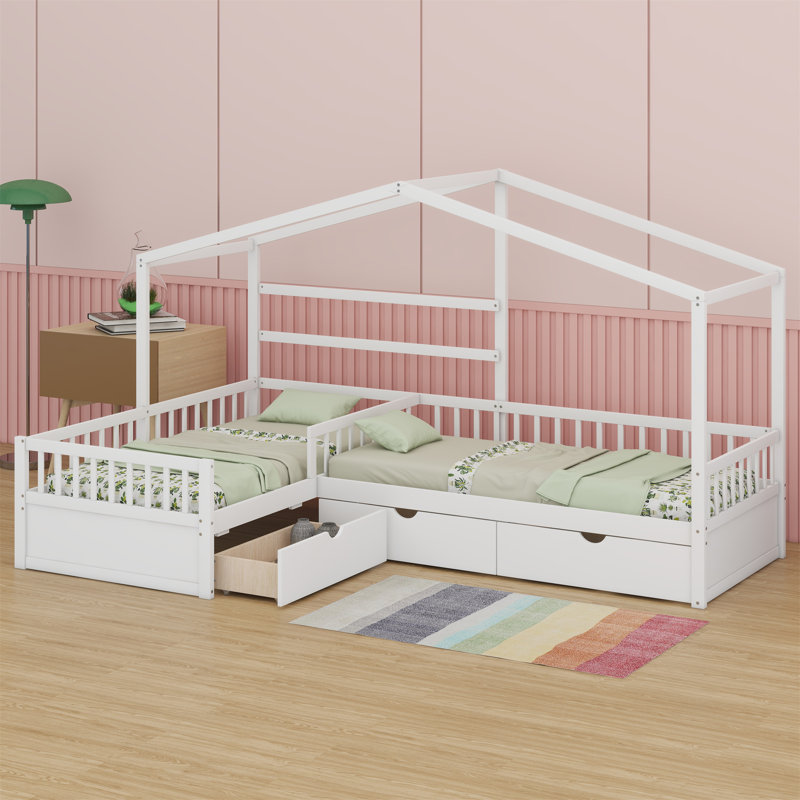 Lit plateforme House avec trois tiroirs de rangement, Blanc