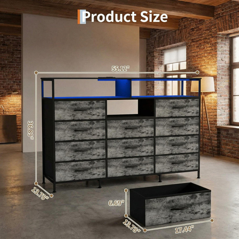 Dresser for Bedroom with LED Lights & Charging Station, 11 Drawer Dressers & Chests of Drawers, Steel Frame, Wood Top, 55 ” Fabric Dresser TV Stand for Bedroom,Hallway, Storage Organization, Entryway