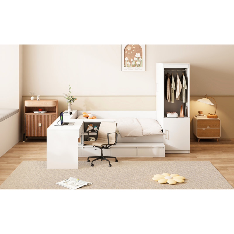 Full Size Platform Bed In White, Semi-Enclosed Frame With Three Solid Wood Panels, Side Shelves For Books And Journals, 6 Drawers Bedroom Organization, Desk Ports, Wardrobe Seasonal Luggage Bedding