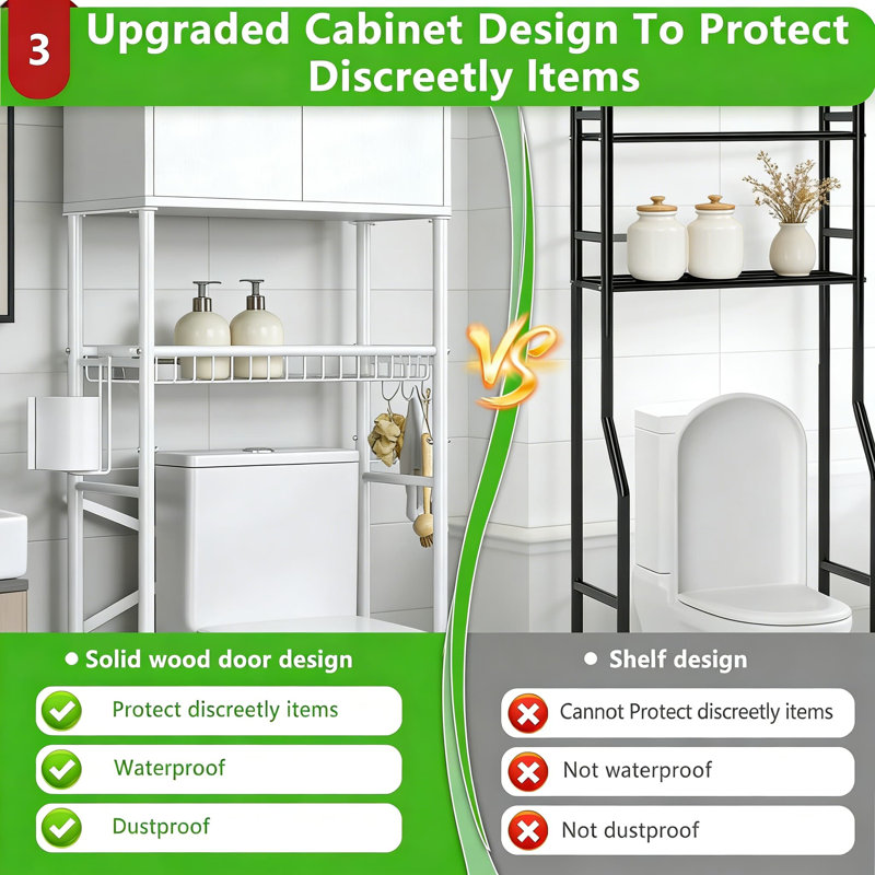 Armoire de rangement au-dessus de la toilette avec portes d'intimité, organisateur de salle de bain autoportant avec panier de drainage amovible, tablettes résistantes à l'eau et cadre en métal renforcé pour un rangement peu encombrant