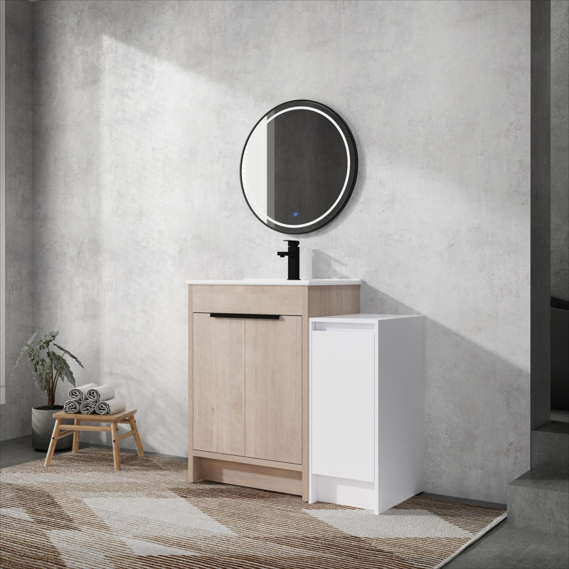Meuble-lavabo autoportant moderne de qualité supérieure, robuste, durable et avec lavabo en céramique, Blanc, Imitation chêne