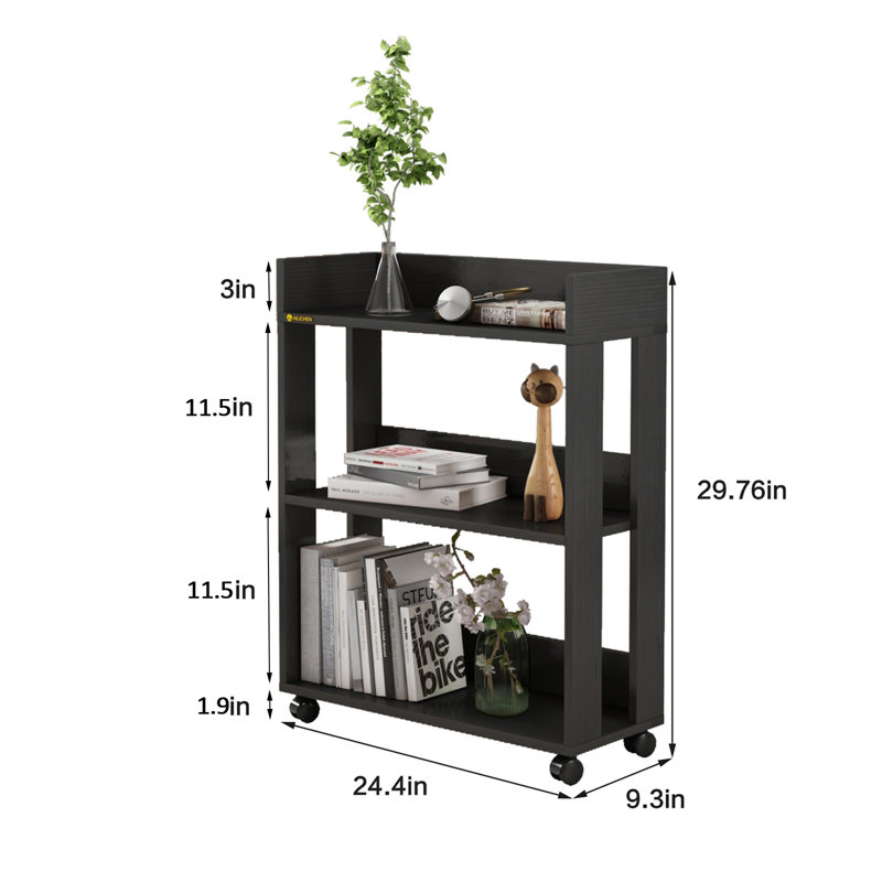 Small Bookshelf and Bookcase, 3 Tier Wood Nightstand with Wheels,Black