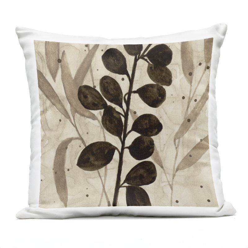 Coussin d'extérieur imprimé beige et brun à motif de feuilles par Krinlox