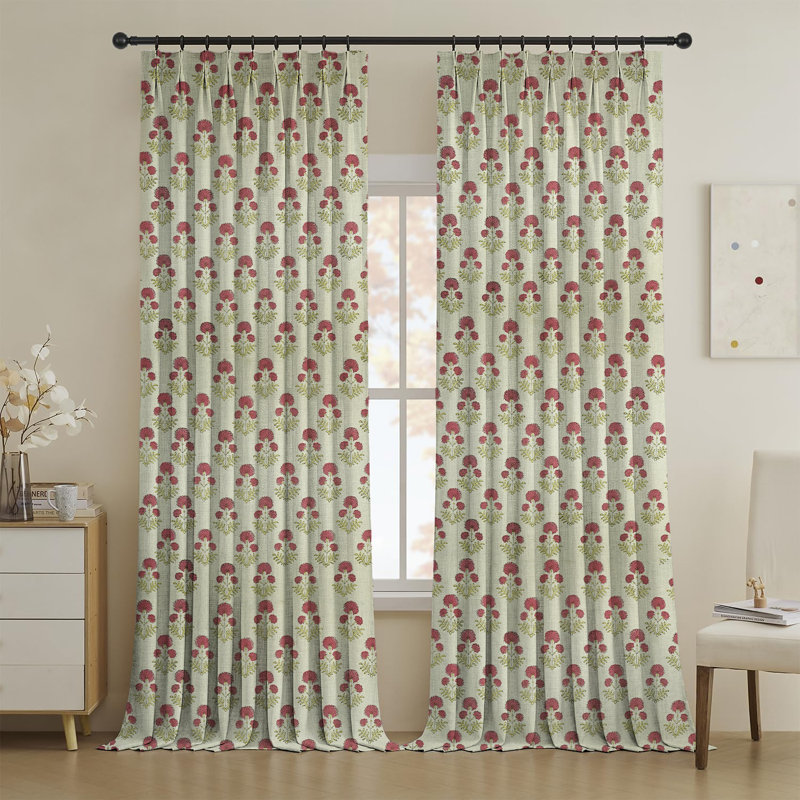 Soft, Bohemian Pure Linen Fabric with Blackout Pink and Brown Floral Handmade Block Print Room Darkening Pinch Pleated Curtains, Window Hook Drapes, Rishi