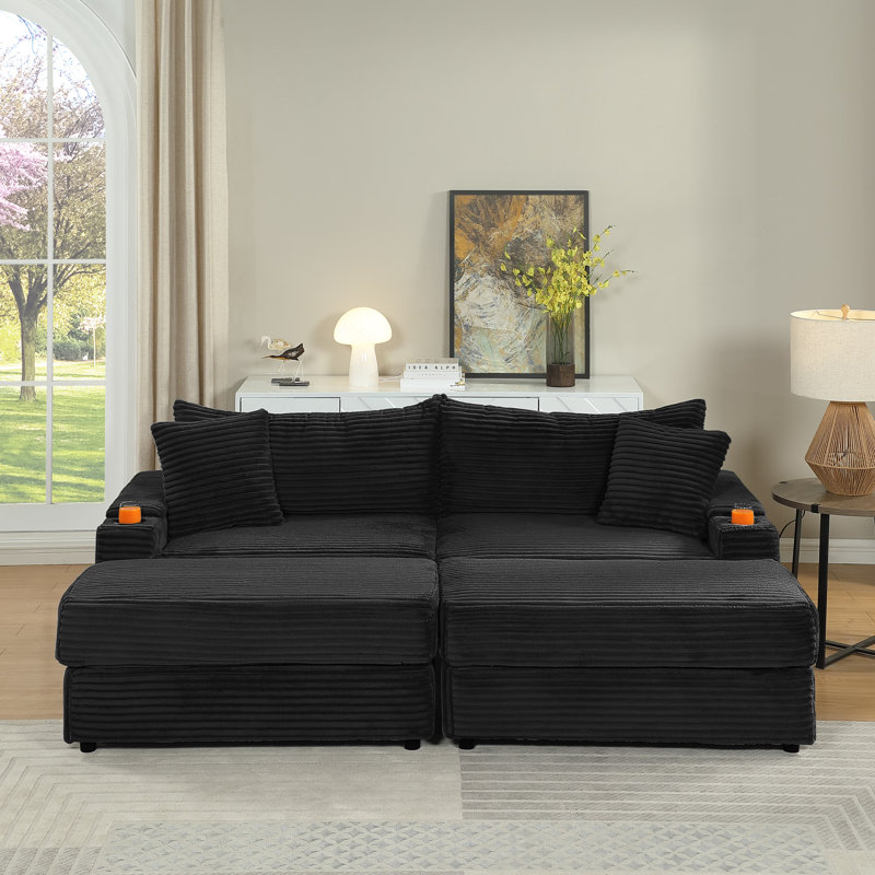Ensemble de canapés en velours côtelé 2 pièces avec 4 coussins décoratifs et 2 repose-pieds - siège profond, fabrication robuste, assemblage facile, essentiel pour le salon