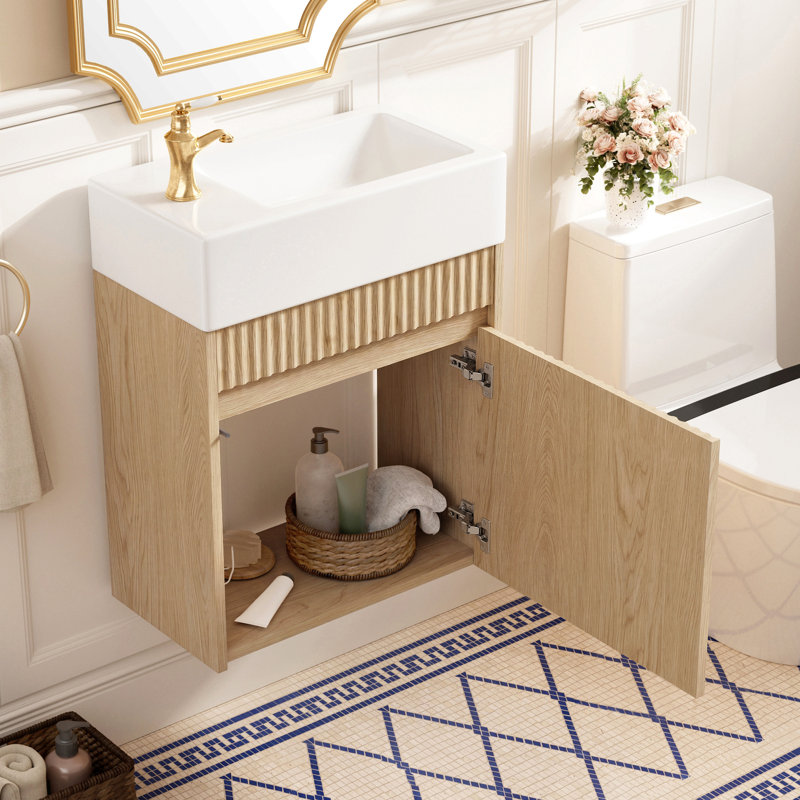 Meuble-lavabo flottant de 18,5 po avec lavabo et porte en résine gauche / droite, armoire en MDF, charnières à fermeture en douceur sans poignée, conception murale peu encombrante.