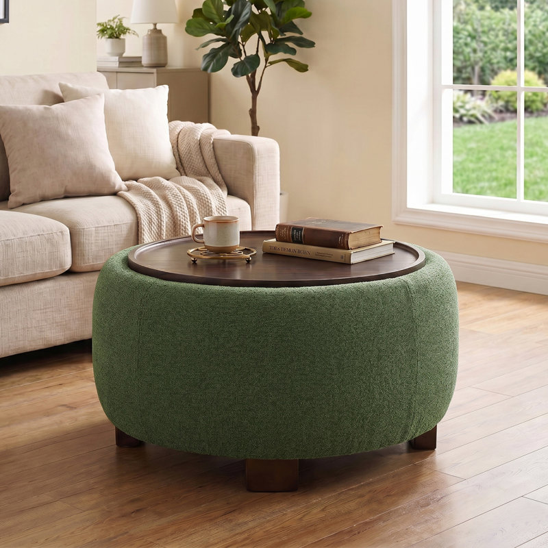 Round Cocktail Ottoman with Storage, Solid Green Chenille