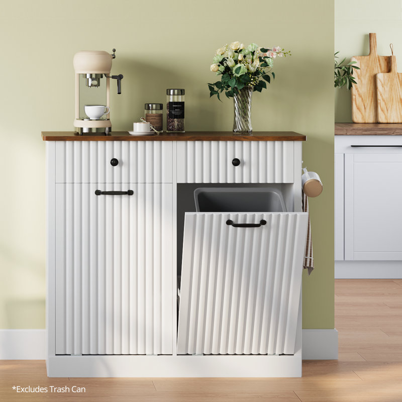 Double Tilt Out Trash Cabinet 20 Gallons Wooden Free Standing(not Include Trash Can), White