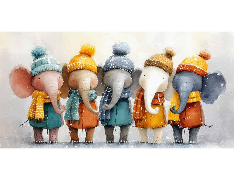 Éléphants enneigés dans des vêtements chauds - art mural sur toile tendue, H 27,5 po x l 55 po
