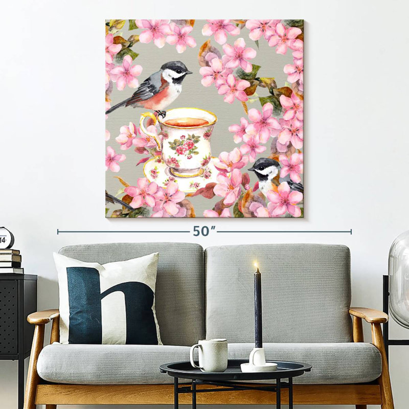 Brampt Bird On Teacup And Pink Flowers