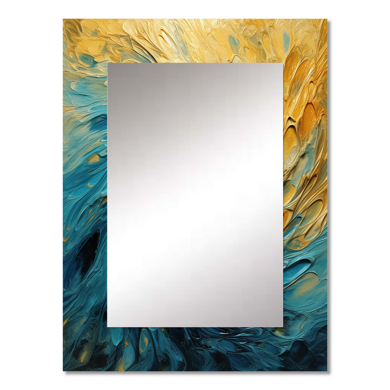 «Golden Ocean Swirling Waves Peinture II», miroir mural décoratif à spirales abstraites, grand miroir doré, reproduction d'art en métal