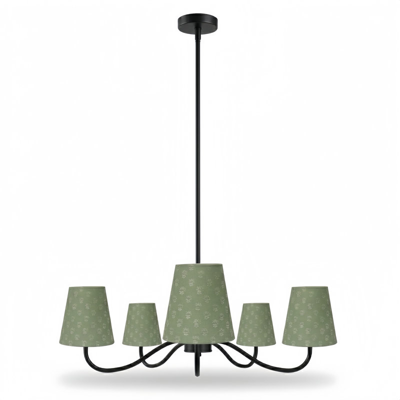 Wrought Iron 5-Light Chandelier, Imprimé, vert, Noir mat