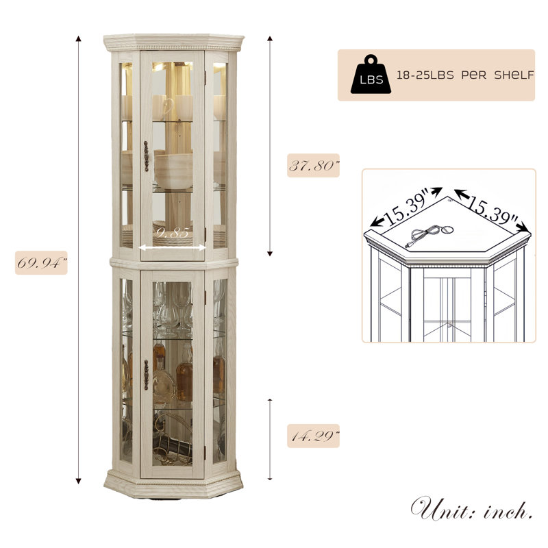 Eyisean Corner Curio Cabinet with Light Bulb, Tempered Glass Doors, Floor Standing Glass Display Cage with Tempered Glass Shelves, Wine Cabinet Storage Rack for Bar and Liquor Storage With E26 Bulb