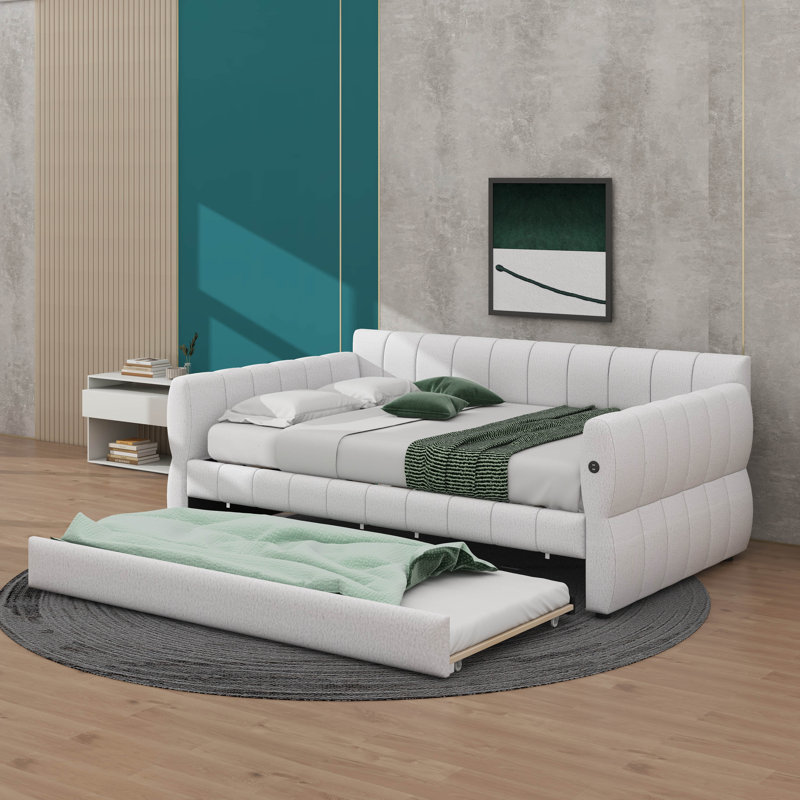 Structure de lit plateforme tapissier avec ports USB et lit gigogne, structure de lit de jour avec accoudoirs et lattes en bois