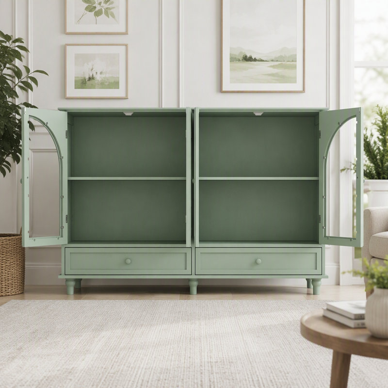 Buffet vert en verre arqué avec beaucoup de rangement, H 36,8 po x l 54,13 po, Vert
