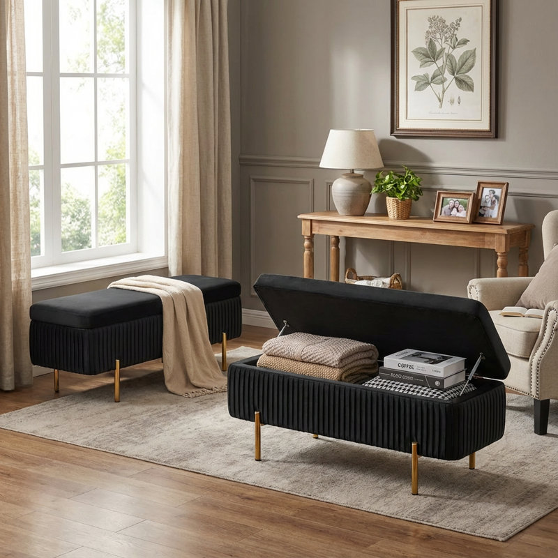 Banc de rangement en velours Leaysia, Noir