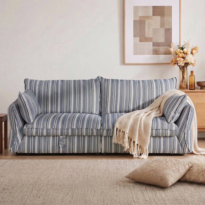 Canapé de rangement Fred de 86,6 po avec compartiment sous le siège, tissu rayé de qualité supérieure, facile à assembler, idéal pour les salons et les petits espaces