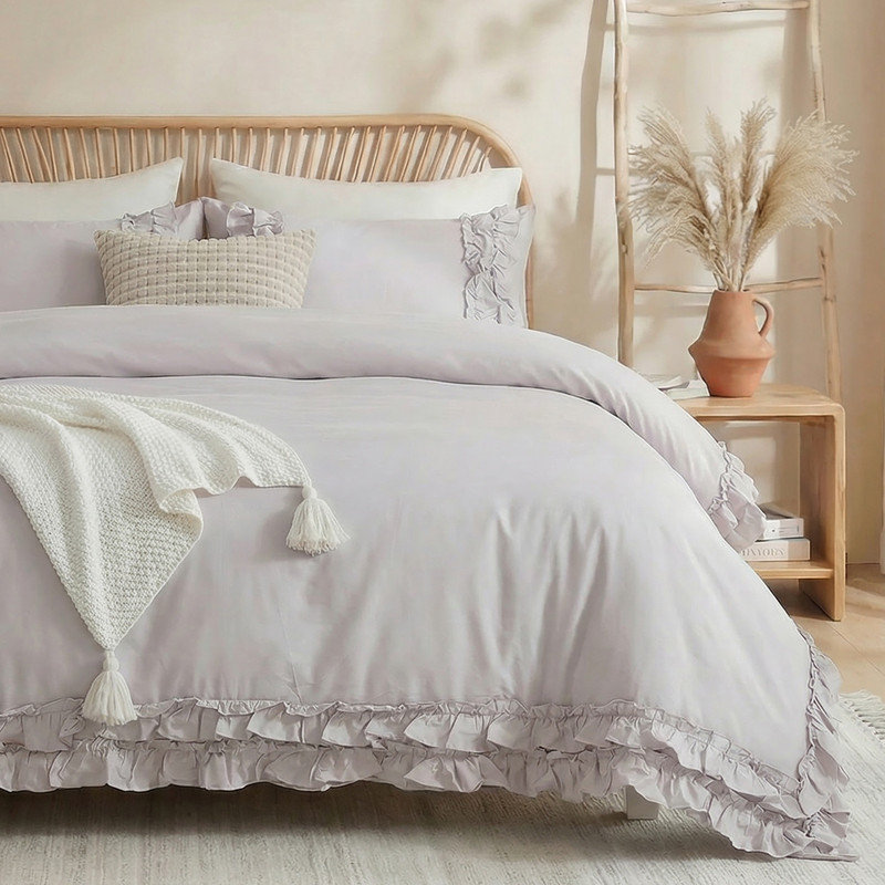 Housse de couette à volants gris et beige, très grand, housse d'édredon 100% coton, ensemble de literie Coquette, Beige gris
