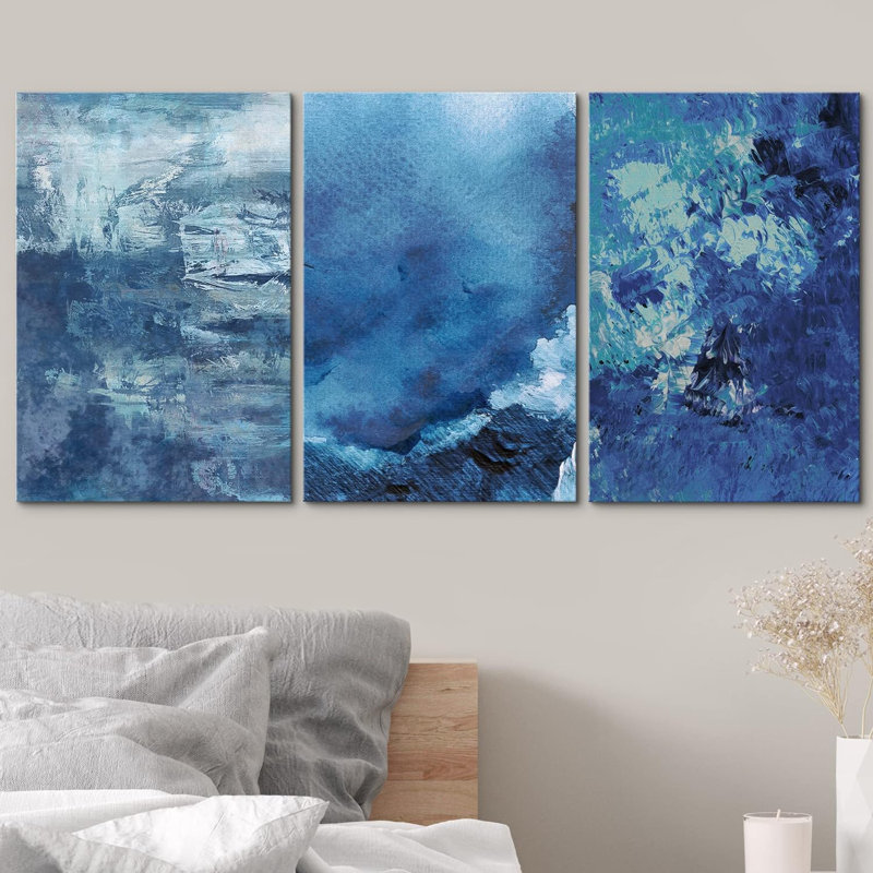 Abstrait bleu sur toile, reproduction de 3 pièces