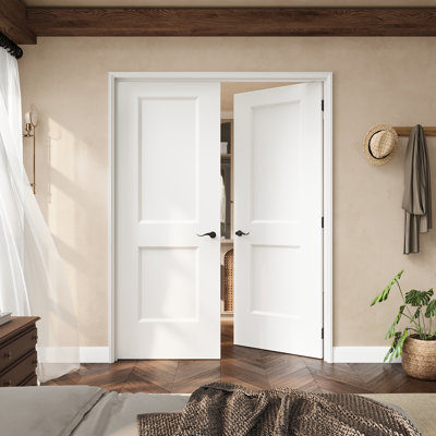 60" X 80" 2-Panel Hollow Core French Door With Black Latches, White Finished & Paintable, Durable & Waterproof, Suit For Laundry, Closet Doors, Room Doors, Latch & Door Lever Included