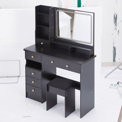 Meuble-lavabo de 41 po avec tiroir à gauche, tabouret rembourré, grand miroir à DEL à commande tactile, interrupteur 3 couleurs, rangement multi-couches de grande capacité, tendance et fonctionnel pour les pièces spacieuses