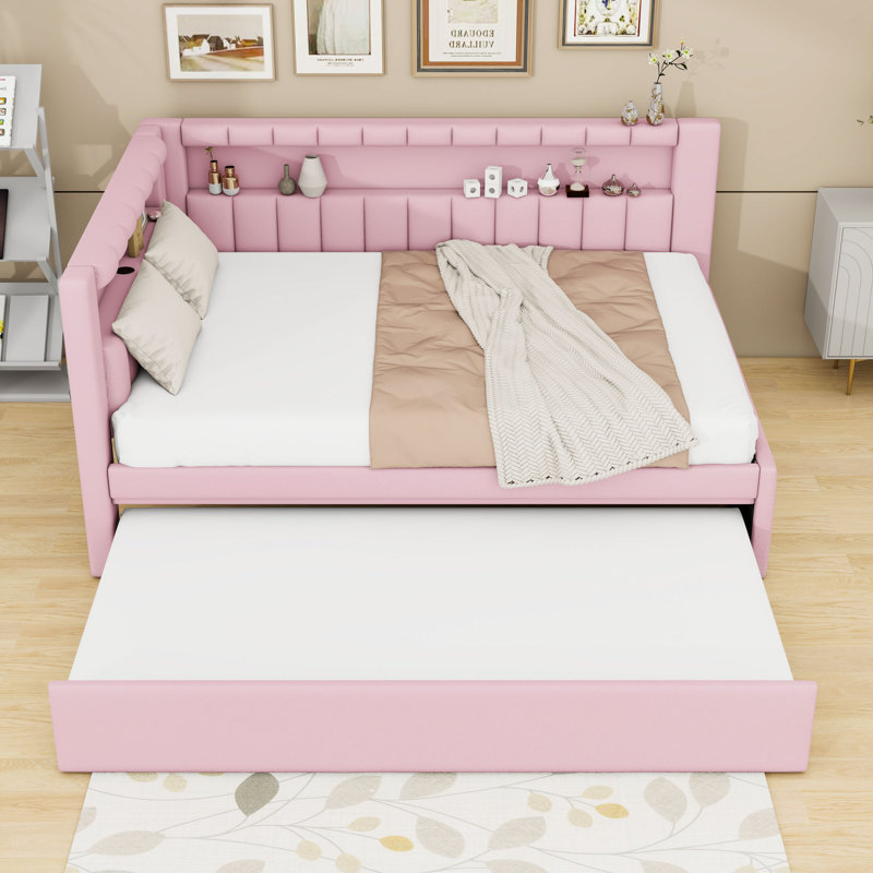 Full Upholstered Daybed with USB Ports, LED Belt and Twin Trundle, Pink