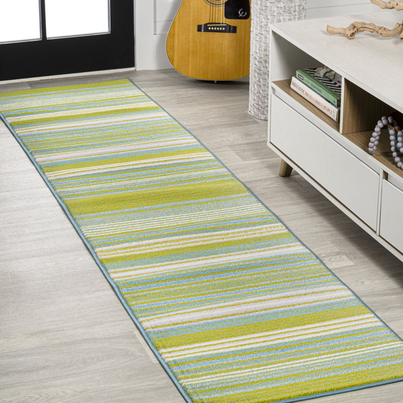 Aliyaah Gradient Ticking Striped Green/Blue Rug, Runner 2' x 8'