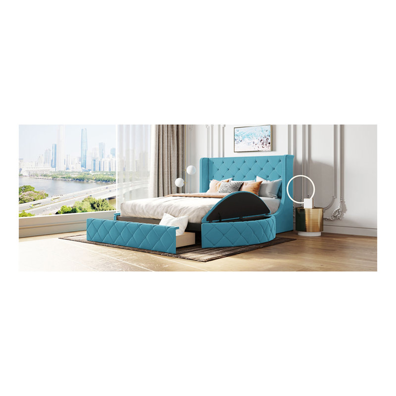 Lit plateforme tapissier grand en velours avec tête de lit à oreilles et 1 grand tiroir, 2 tabourets de rangement latéraux (bleu)
